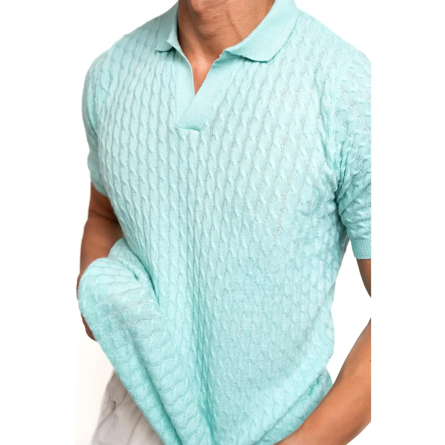 Menswear Cashmere Feel Polo Shirt Sky Blue Short Sleeve Fitted Casual Top for Summer 100% Recycled Fibers Made in Columbia