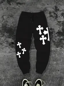 Men's Gothic Cross Print Jogger Pants, Oversized Streetwear Sweatpants, Bold Graphics, All Seasons, Casual Fashion for Men