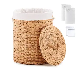 Woven Laundry Hamper with Lid & Removable Liner Bags, Natural Water Hyacinth Storage Basket for Clothes, Towels, Toys, Bedroom & Bathroom