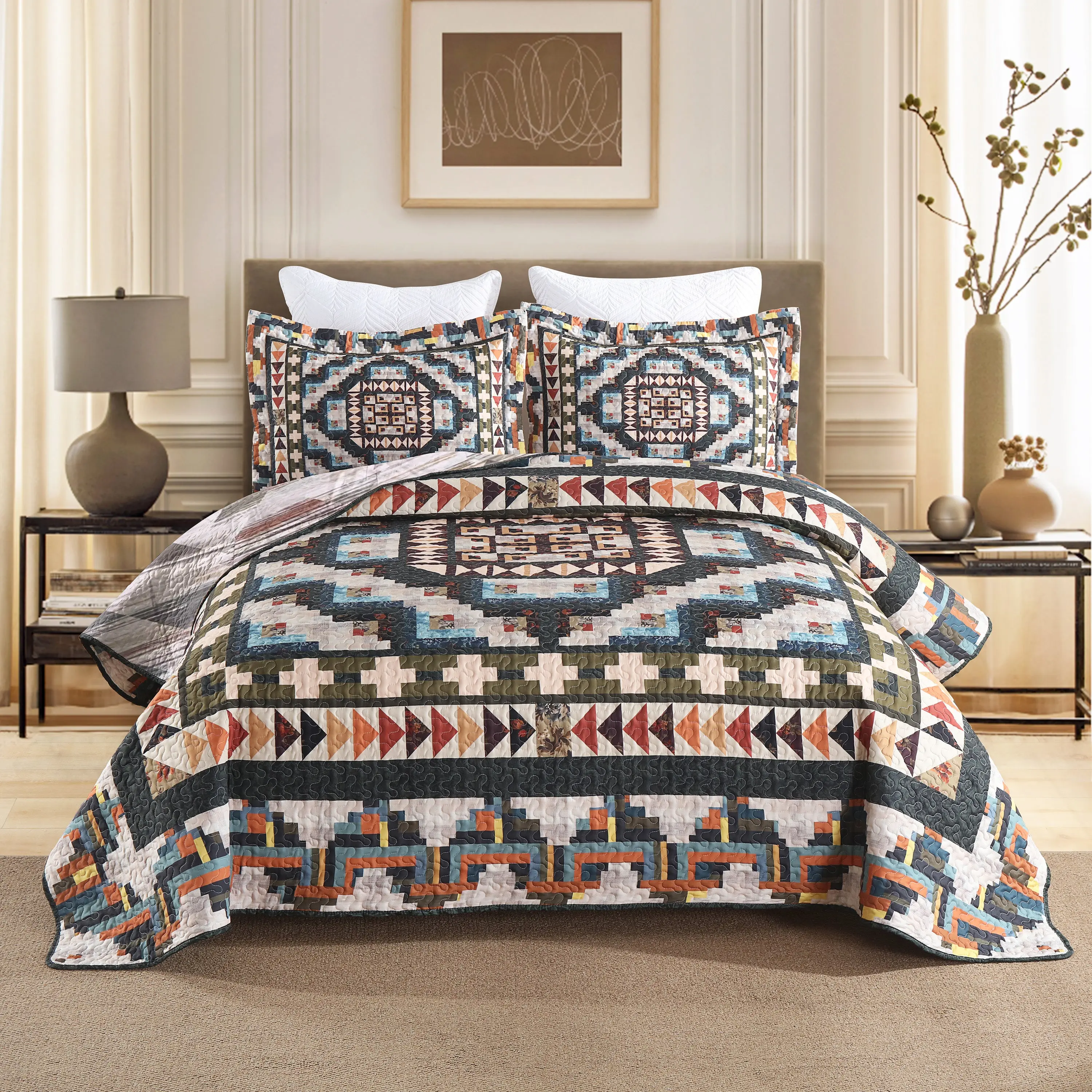 Southwestern Breathable Decorative Quilt Bedding Set - 3-Pcs 100% Polyester Queen/King Size, Machine Washable, Year-Round Comfort, Breathable Quilt Set, Decorative Bedding Set