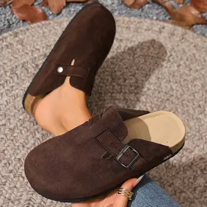 Women's Retro Suede Mules Slippers Comfort Cork Footbed Slip-On Clogs Sandals with Buckle Detail Indoor Outdoor Shoes Springfresh