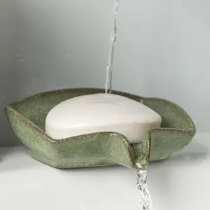 Self Draining Soap Dish Ceramic Drain Soap Holder Waterfall Design Soap Saver for Shower Bathroom Sink Kitchen and Countertop Keeps Dry Green