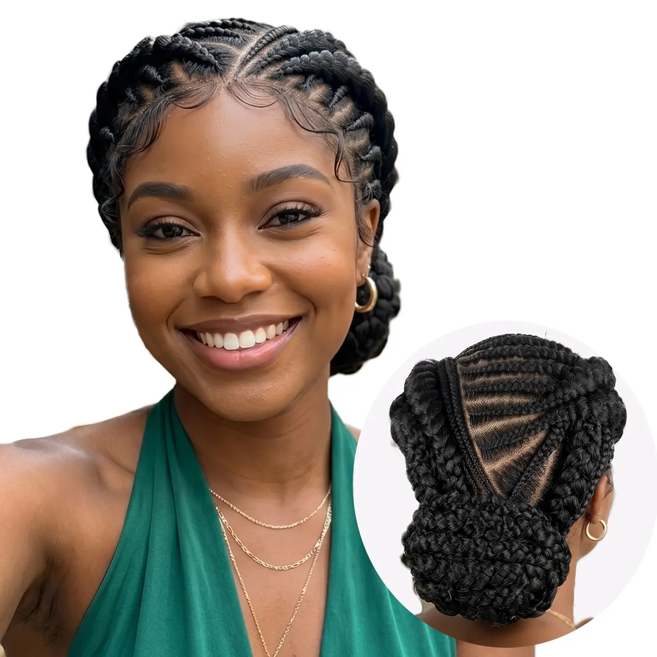 Cornrow Braided Updo Wig Glueless Synthetic Full Lace Braid Bun Wig For Black Women Handmade Protective Hairstyle, Updo Braide Lace Wig, Natural Looking Lightweight Beginner Friendly,Daily Use