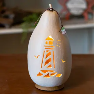 Hand-Crafted Coastal Gourd Luminary - Light House - Medium Lit