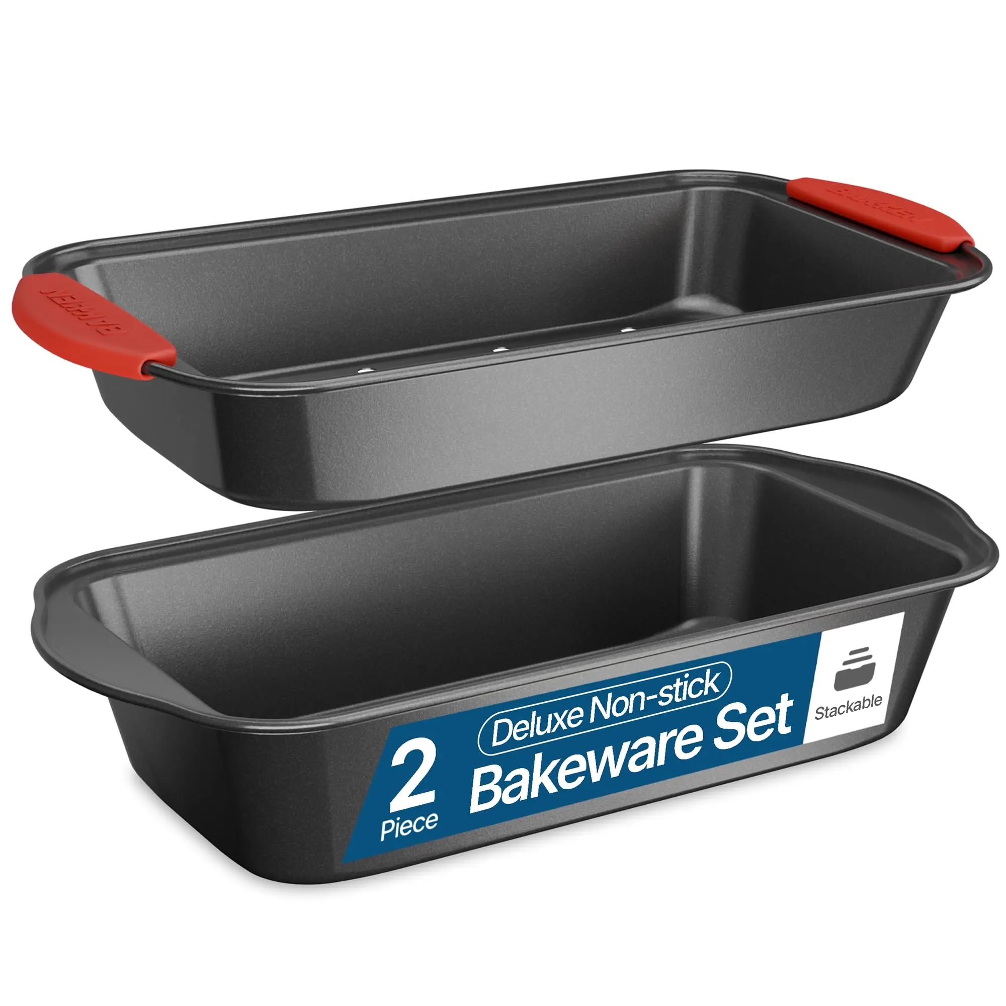 BAKKEN 2-Piece Meatloaf Pan Set - Nonstick Carbon Steel Loaf Pan for Baking Bread with Slotted Drip Tray Grease Drainer, Healthy Cooking Oven Baking Dish with Red Silicone Grip Gray