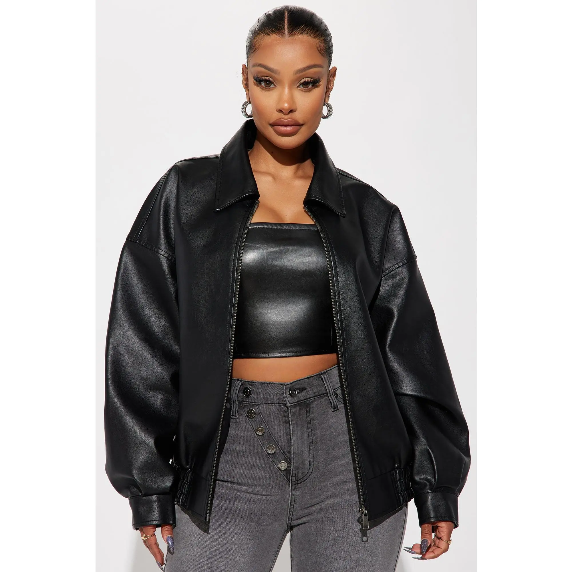 Hustle Mode Oversized Faux Leather Jacket - Black