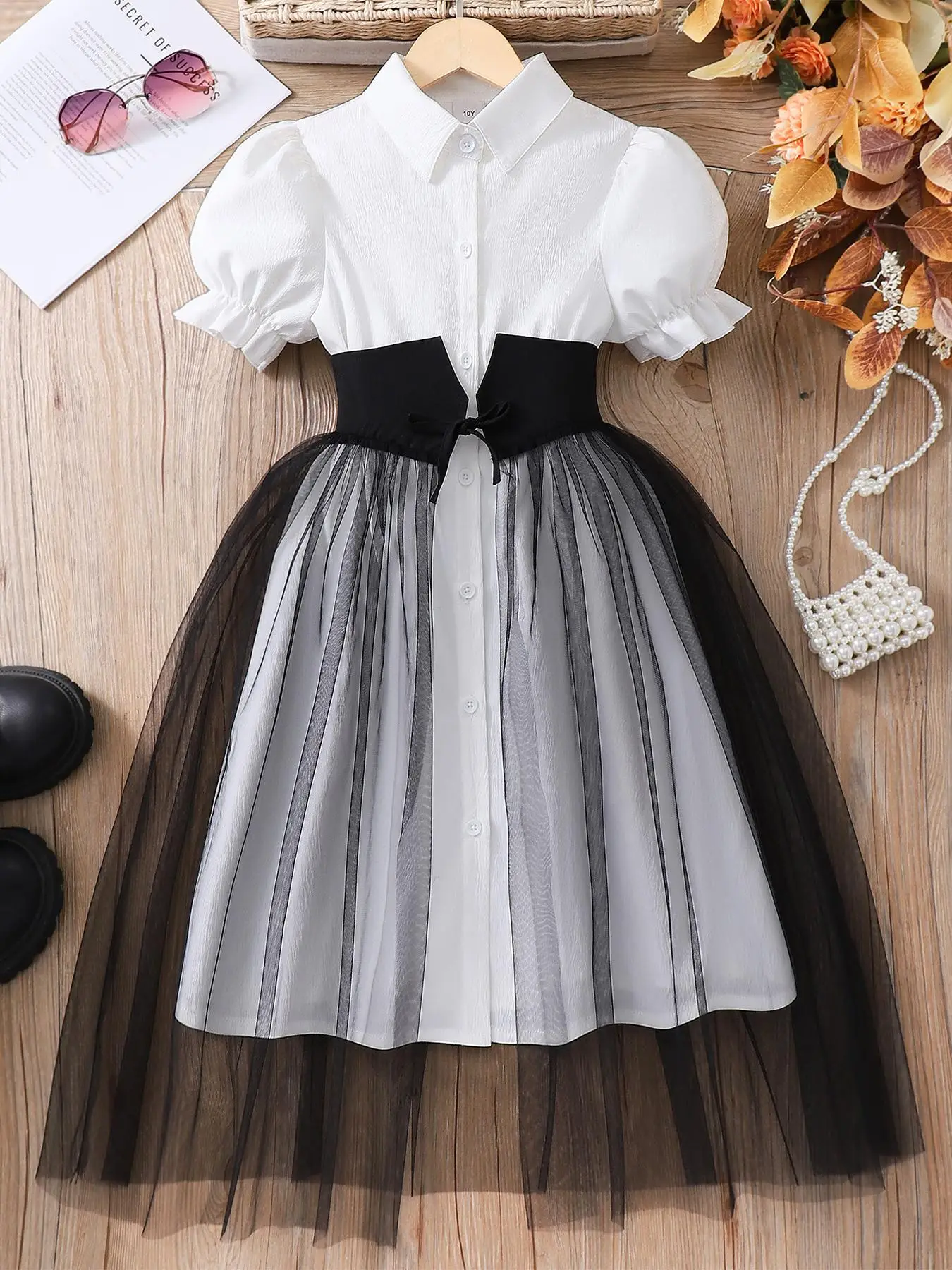 Girl's Contrast Mesh Short Sleeve Dress, Elegant Fashion Casual A Line Dress for Daily Outdoor Wear, Toddler Girls Dress for Summer