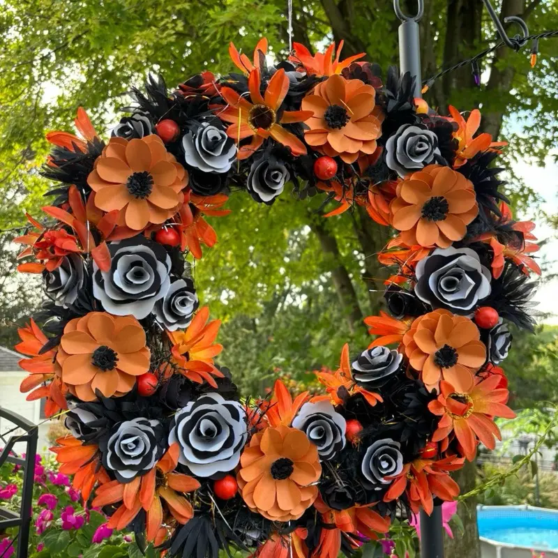Handcrafted Paper Floral Wreath with Orange Black and White Flowers Shiny Strings 18 Inch Grapevine Perfect for Halloween Fall Decor