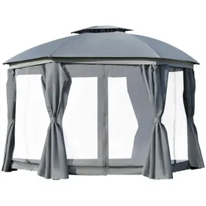 Outsunny 12' x 12' Round Outdoor Gazebo, Patio Dome Gazebo Canopy Shelter with Double Roof, Netting Sidewalls and Curtains, Zippered Doors, Strong Steel Frame, Grey instant gazebo sun