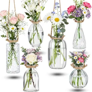 6 count Stained Glass  Vases Colorful Glass Terrariums with Rope Small  Planters Pot Containers for Air   Garden  Wedding Decor(Clear Series)