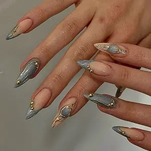 SHEDARES Luxe Galaxy – Handmade Metallic Grey & Nude Press-On Nails with Gold Charms & Marble Stone Effect – Celestial Luxury Nails for Dates & Special Events