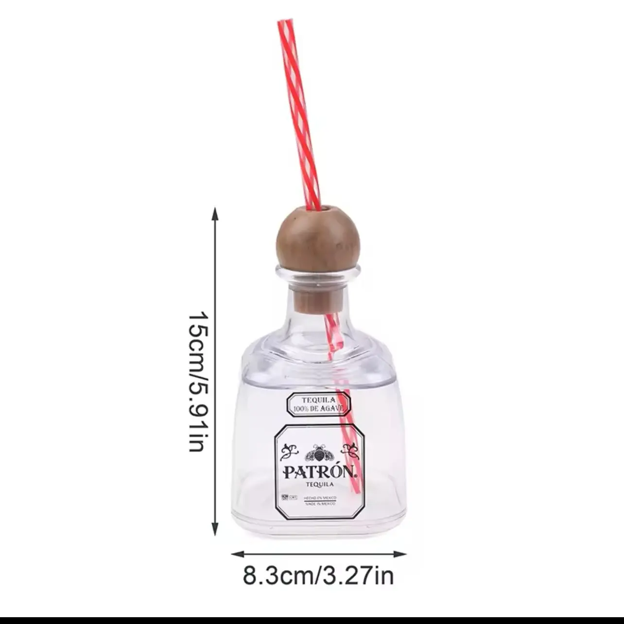Patron Reusable Cup with Straw 375ml Mini Tequila Bottle Empty - Drinkware, Tumbler Washable Mug