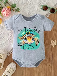 Short Sleeve Onesie - Cute Turtle Print & "I'm Tortoise- Cute" Slogan, Grey Summer Outfit, Snap Closure for Easy Diaper Changes, Shower Gift, Machine Washable Romper, Perfect for Outdoor