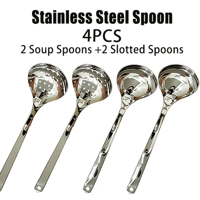 4pcs Thickened Stainless Steel Long Spoons, Creative Household Soup Porridge Spoon, Multifunctional Korean Hot Pot Skimmer, Non-slip Durable Kitchen Tableware
