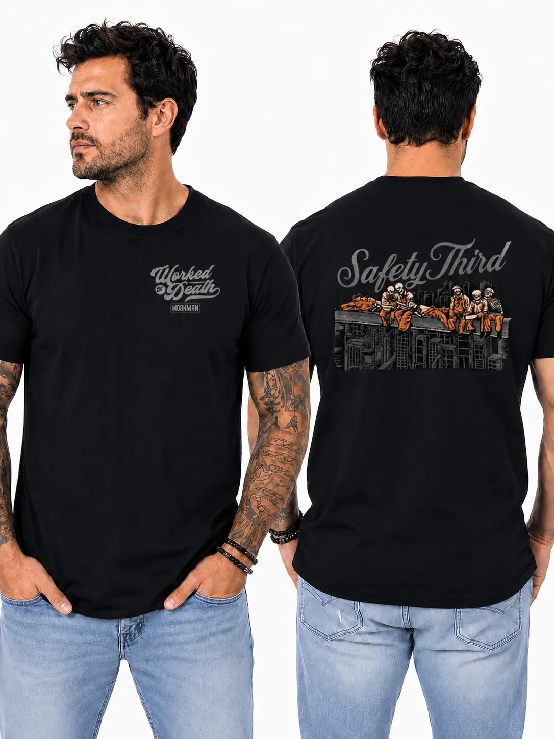 Ironworker Safety T-Shirt, Skeleton Construction Crew on Steel Beam Graphic Design, Blue Collar Work Shirt for Ironworkers & High-Rise Builders, Gift for Construction Workers or Skilled Tradesmen