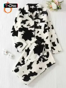 Women's Flannel Pajama Set, Pjs, Cow Pattern Long Sleeve Button Top & Comfortable Elastic Pants, Winter Fitted Sleepwear, Casual Home Wear, Loungewear, Homewear