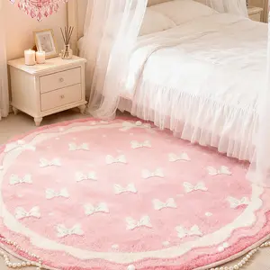 Round Bow Flower Print Carpet, Foldable Washable Non-Slip Plush Rug, Decorative Living Room Bedroom Mat, Easy Care Large, Flower Pattern Rugs