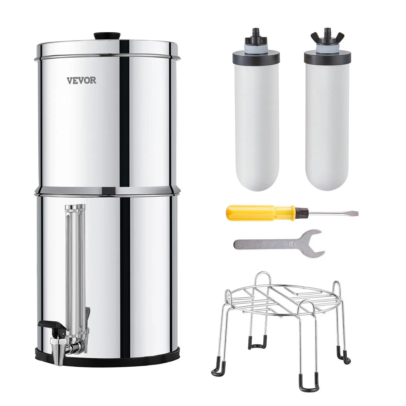 【Summerfinds】VEVOR Gravity-fed Water Filter System,  , 2.25G 304 Stainless-Steel Countertop Water Filtration System, Reduces Lead and up to 99% of Chlorine, with 2 Ceramic Carbon Filters, Water Level  Spigot, Stand