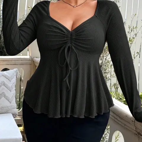 [Plus Size] Solid Bow Decor Thumb Hole Curved Hem Basic Knit Tee, Plus Casual Long Sleeve T-shirt for Daily Wear, Everyday Basic Top, Women Plus Clothing for Fall & Winter, Top
