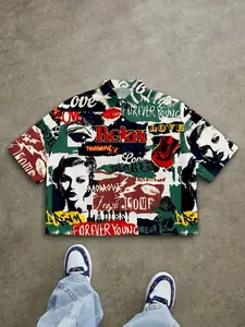 Y2K retro graffiti print men's short-sleeve shirt, vintage pop art characters and letter pattern button-up top, street hip-hop loose casual shirt, summer trendy, fashionable everyday street style outfit