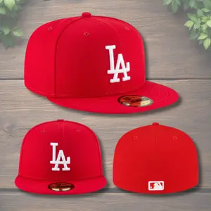 Red New Era 59FIFTY Flat Brim Los Angeles Dodgers Cap – Men's Fitted Baseball Hat with Bold White LA Logo, Everyday MLB Streetwear Fashion