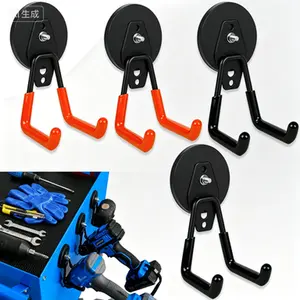 Heavy Duty Magnetic Hooks 4 Pack, Rubber Coated No Damage Hanging Hook for Garage Storage, Dual Hook Design, Large Strong Magnet Hangers for Tools, Garden, Workshop, Orange 2pcs + Black 2pcs
