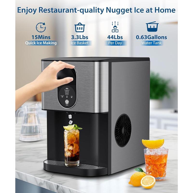 COWSAR Nugget Ice Maker Dispenser, Self Dispensing Pellet Ice Maker, 44lbs/24H, 15mins Quick Ice Make, 3.3lbs Ice Storage, Ice Full Indicator, Self-Cleaning, Home, Kitchen, Bar, Party