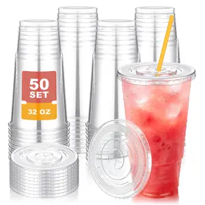 50set 32oz Clear Disposable Plastic Cups （with Lids and Straws） - BPA-Free, Recyclable, Leakproof Disposable Tableware for Iced Coffee, Beach Bash, Summer Fruity Drinks | Home & Party Supplies