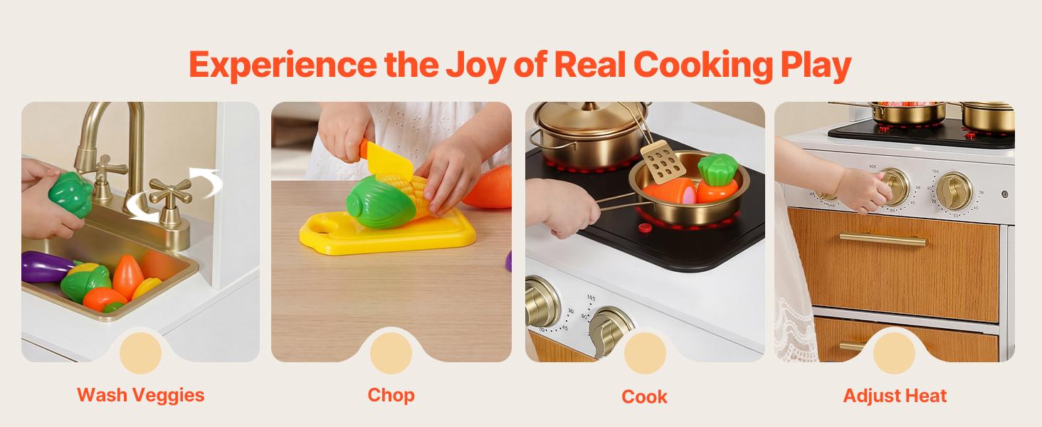 VEVOR Play Kitchen for Kids, Wooden, Kids Kitchen Playset with Real Lights & Sounds, Food & Cookware Accessories, Pretend Play Toy Set, Sink, Oven, Stove, Cabinet, for Toddlers, Girls & Boys Ages 3-8
