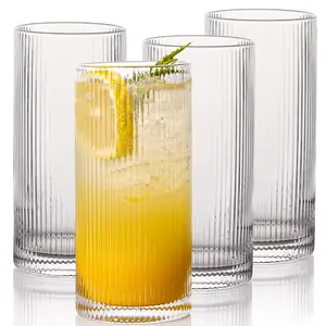 Vintage Glassware Set of 4, 14oz Large Highball Glasses - Hand Blown Ribbed Glassware Cocktail Glasses Set - Bottles, Mug Drinkware Cup