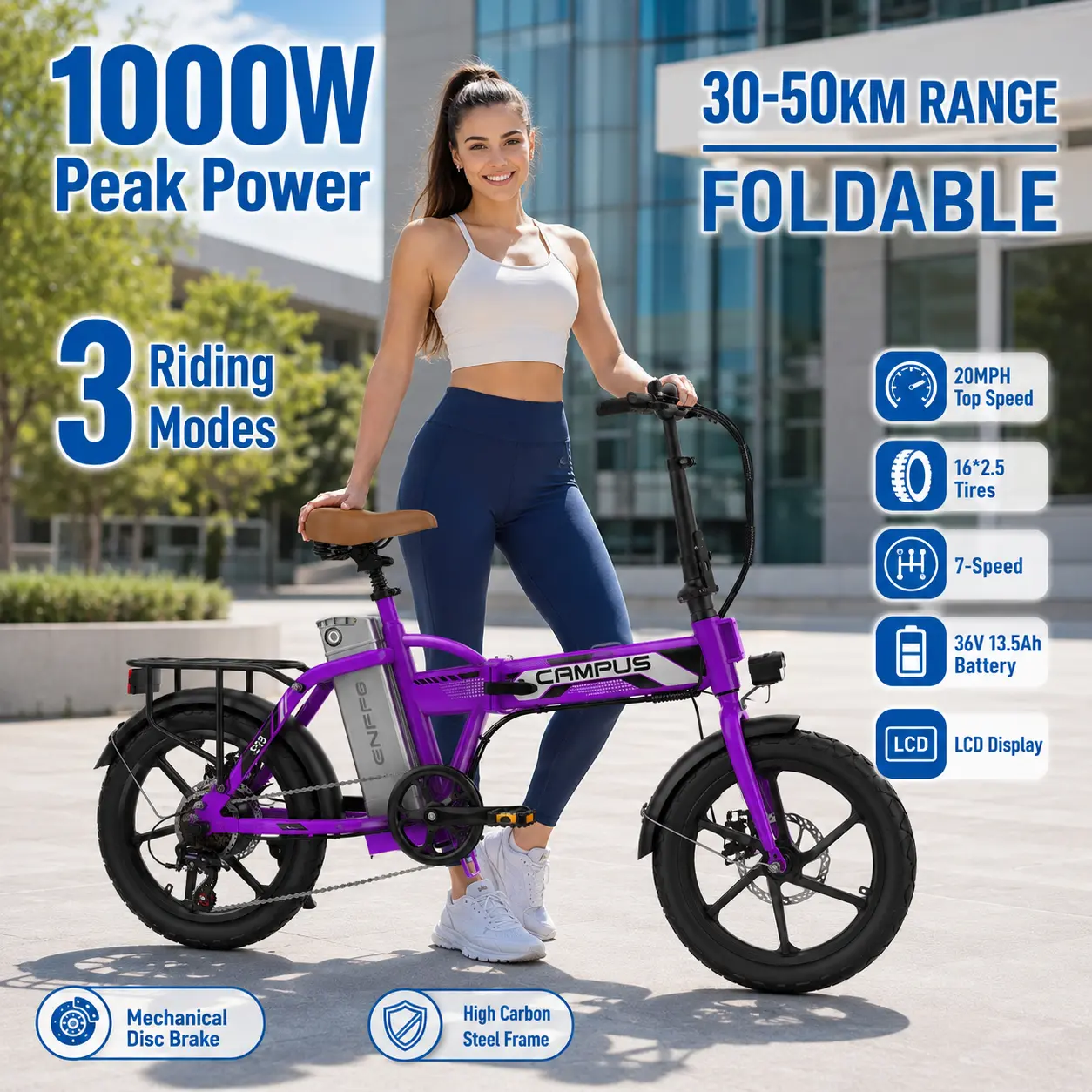 Adult Folding Commuter Electric Bike - 1000W Motor, 20 MPH, Removable Battery, 16”x2.5” Tires, 7-Speed, Dual Disc Brakes, Front Suspension, LCD Display