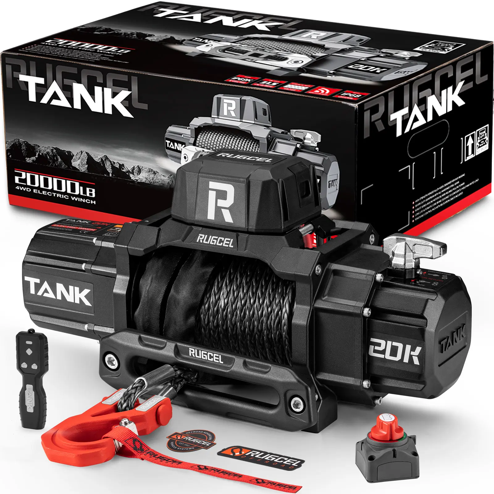 RUGCEL WINCH 20000lb Waterproof Electric  12V  Synthetic Rope Winch OffRoad Recovery  Hunting, Farming,Engineering ,Outback Tool