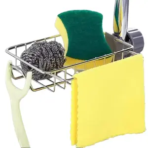 Kitchen Sink Caddy Organizer Over Faucet Sponge Holder, Stainless Steel Heavy Duty Thickening Hanging Faucet Drain Rack for Scrubbers, Soap, Bathroom, Detachable, No Suction Cup or Magnet, Rustproof, Quick Drainage, No Drilling, Space-Saving