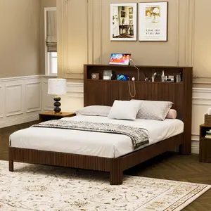 Queen Bed Frame and Mattress Set with Storage Headboard & Charging Station, Modern Wavy Design Platform Bed with AC Outlets & USB Ports, Noise-Free, Heavy Duty, Easy Assembly