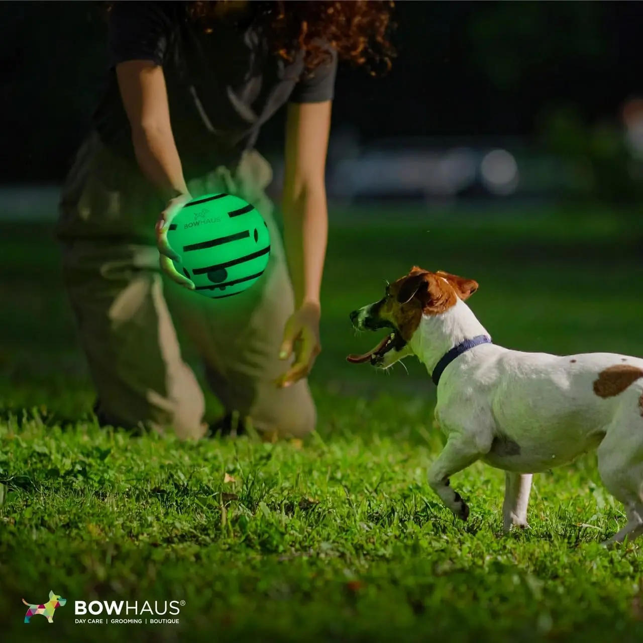 BOWHAUS Giggle Glow in The Dark Ball for Dogs, 5.5 Inch Interactive Dog Exercise Toys, Indestructible Fun Squeaky Chew Toy, Non-Toxic Durable PVC Chew Ball for Indoor Outdoor Play