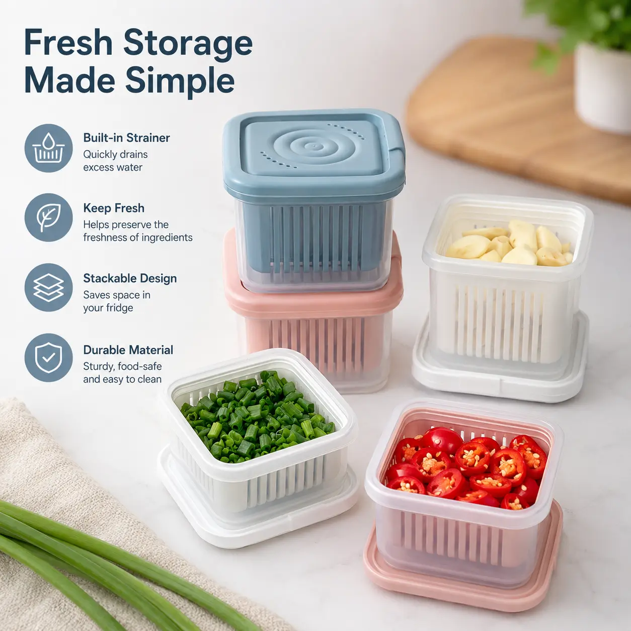 1-Count Plastic Food Storage Container with Hollow Inner Drain Basket, Drain Slits, Stackable Design for Storing Chopped Scallion, Garlic and Other Small Kitchen Ingredients, Single Unit