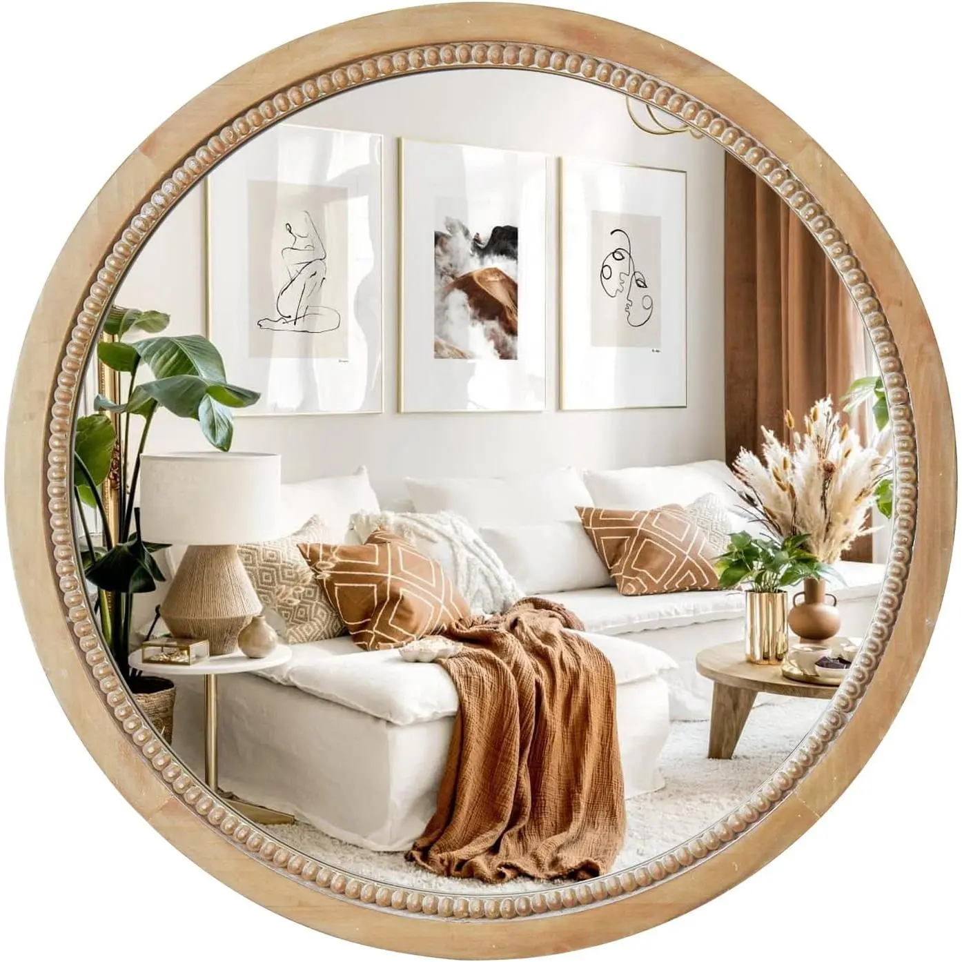 Round Decorative Circle Farmhouse Style Mirror - 18inch Rustic  Wooden Frame Beads for Bedroom, Bathroom, Living Room or Entryway