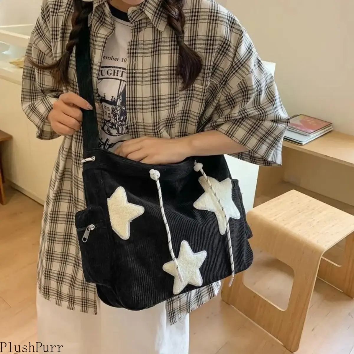 Women's Soft Corduroy Crossbody Tote Bag, Cute Star Patch Purse with Adjustable Strap, High-Capacity Lightweight for School & Travel Use, Crossbody Bags, Purses Crossbody Bag tiktokshopbacktoschool