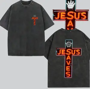 Double-sided washed Jesus saves print T-shirt, high-qualitybatik cotton vintage street style regular round neck, all-season casual wear, machine washable, adult holiday gift farmer x-mas party outfit