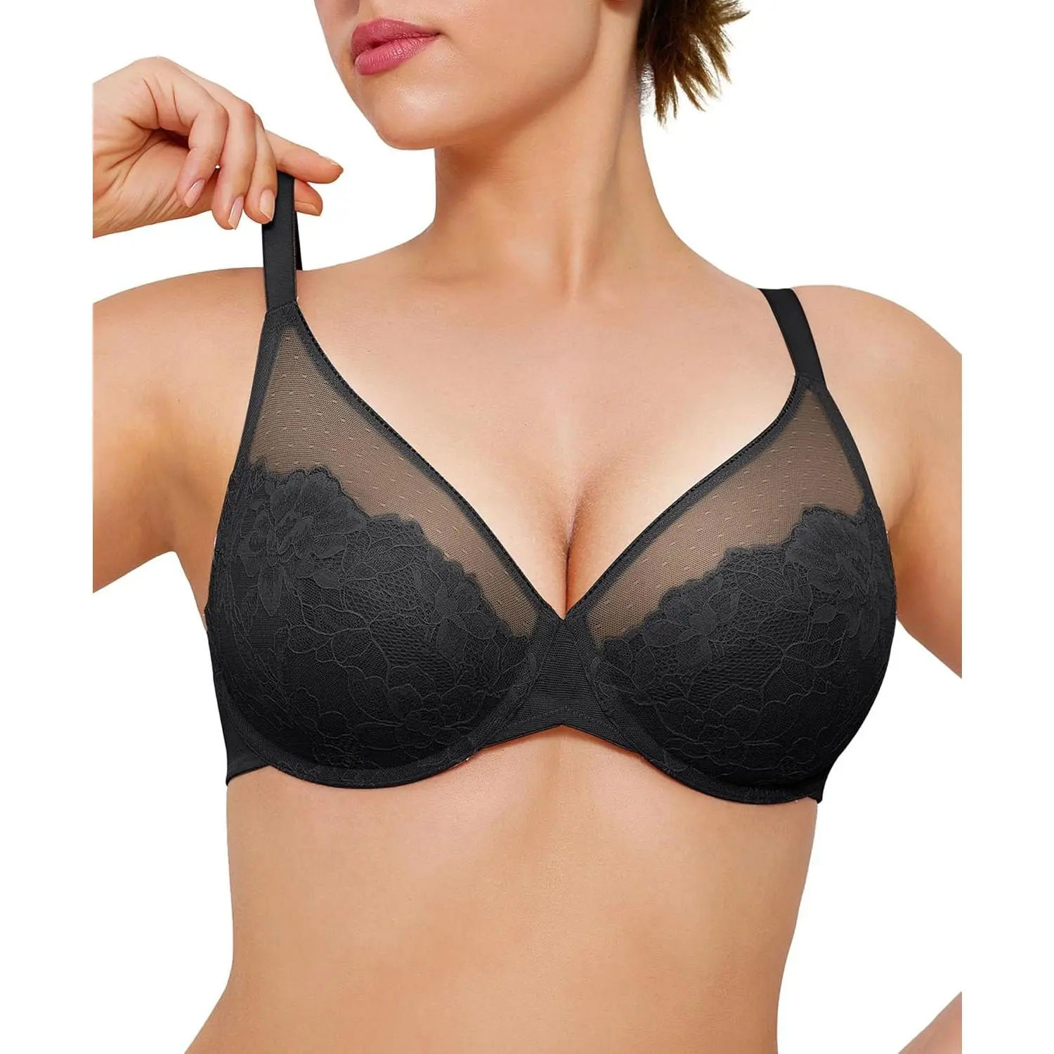 Women's Solid Wired Underwear - Basic Full Coverage Lace Underwire Push Up Body Slimming Supportive Minimizer Bra, Size 34DDD, Black (Indoor Leisure Wear)
