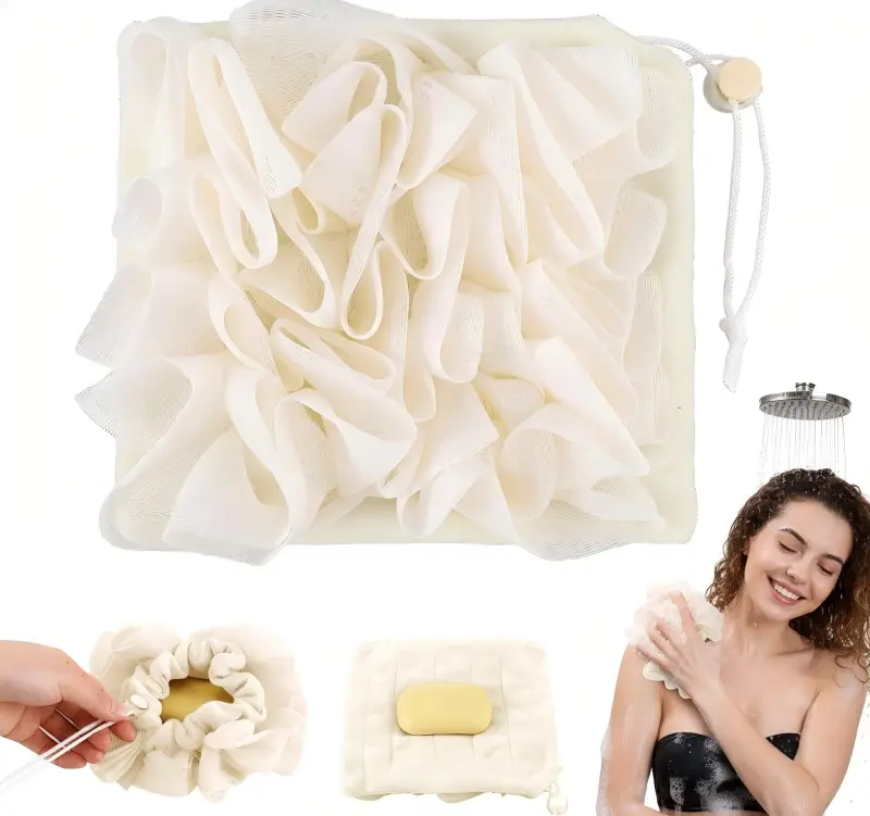 2-in-1 Exfoliating Loofah Sponge with Washcloth, 2-Piece Beige Mesh Pouf Set with Drawstring for Body Cleansing & Smooth Skin, Bathing Accessories, Multi-Pack, Non-Slip, Smoothing
