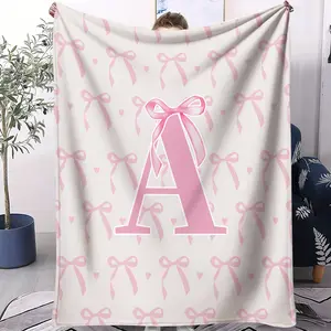 Pink bow letter printed blanket, Portable Throw Blanket, suitable for all seasons, suitable for beds, sofas, cars, room decorations, and gifts, suitable for children and adults
