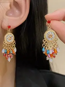 Summer New Bohemian Fan Shape Tassel Ear Hook Fashion Sweet Fresh Elegant Crystal Earrings, Stylish Jewelry Accessory