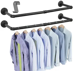 Set of 2 Heavy Duty Iron Pipe Clothing Garment Rail, Industrial Pipe Clothes Rack Wall Mounted, Multi-Purpose Clothing Hanging Rod for Laundry Room and Closet Storage