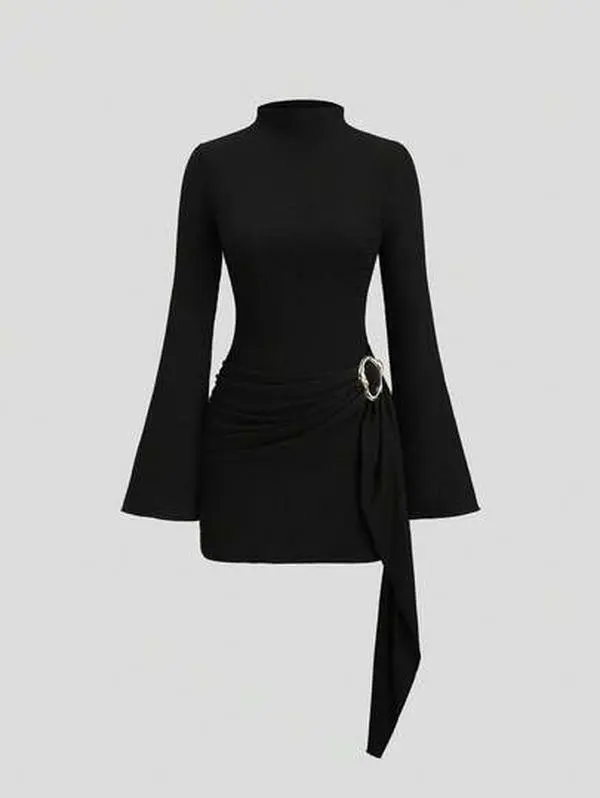 Sweetra Women's Stand Collar Cinched Waist Minimalist Flare Sleeve Bodycon Midi Dress