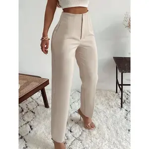 WOMEN'S high-waist casual trousers, elegant simple slim fit, 100% polyester, solid color, all-season, woven fabric, Bottom Pants Apricot Basic Can be used with raincoat