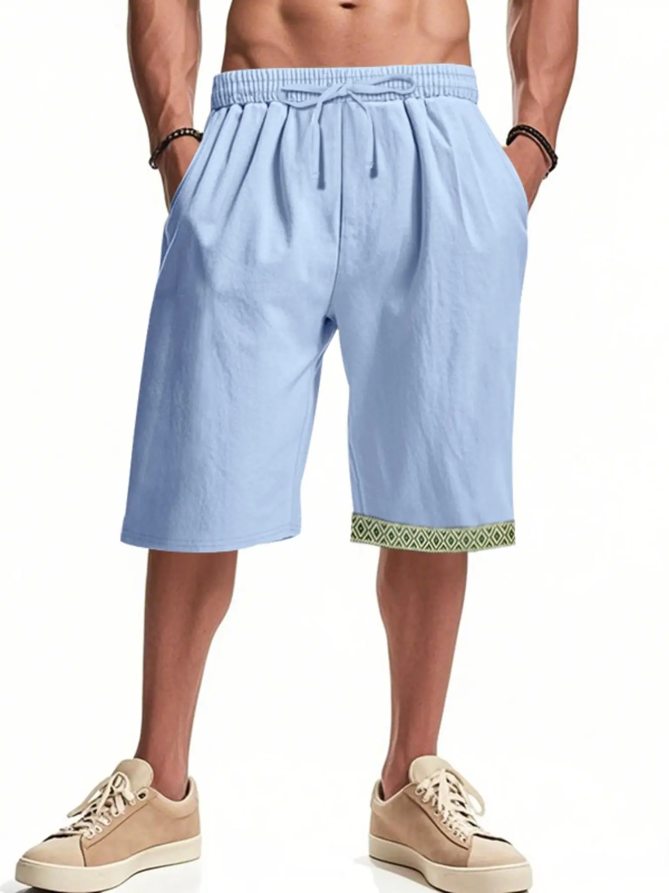 New Year Men's Hemp Loose-Fitting Bohemian Style Breathable Beach Shorts, Summer Casual Geometric Pattern Thin Fabric Fitted Design for All Seasons, Swimming Shorts, Swimwear Shorts, Swimming Trunks