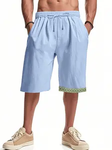 New Year Men's Hemp Loose-Fitting Bohemian Style Breathable Beach Shorts, Summer Casual Geometric Pattern Thin Fabric Fitted Design for All Seasons, Swimming Shorts, Swimwear Shorts, Swimming Trunks