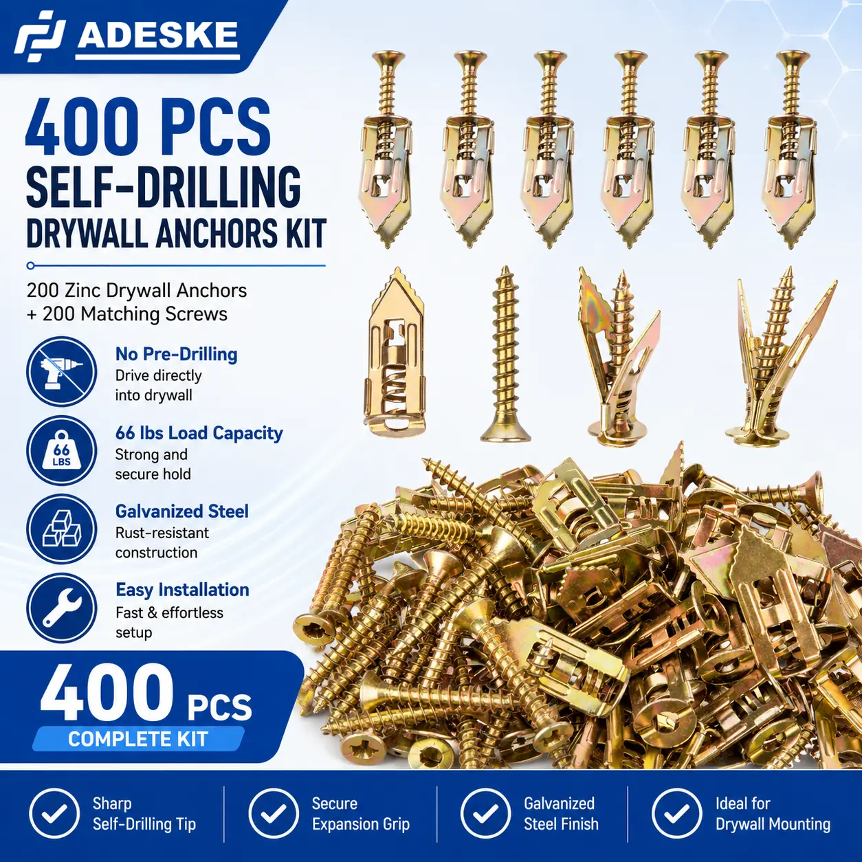 ADESKE 400PCS Self-Drilling Drywall Anchors and Screws Kit, 200 Drywall Anchors & 200 Zinc Screws, Galvanized Steel, No Drill Required, Holds Up to 66 lbs, for Wall Mounting