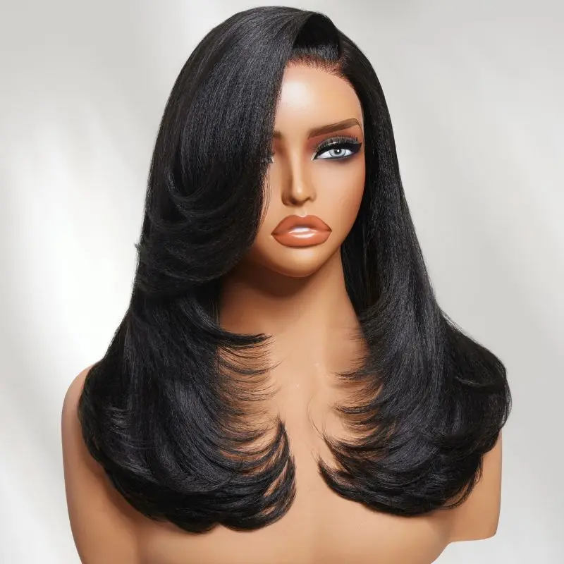 UNice 7x5 250% Pre Side-Part Yaki Straight Human Hair Wigs with Blowout Feathered Layers Glueless Human Hair Wigs with Drawstring